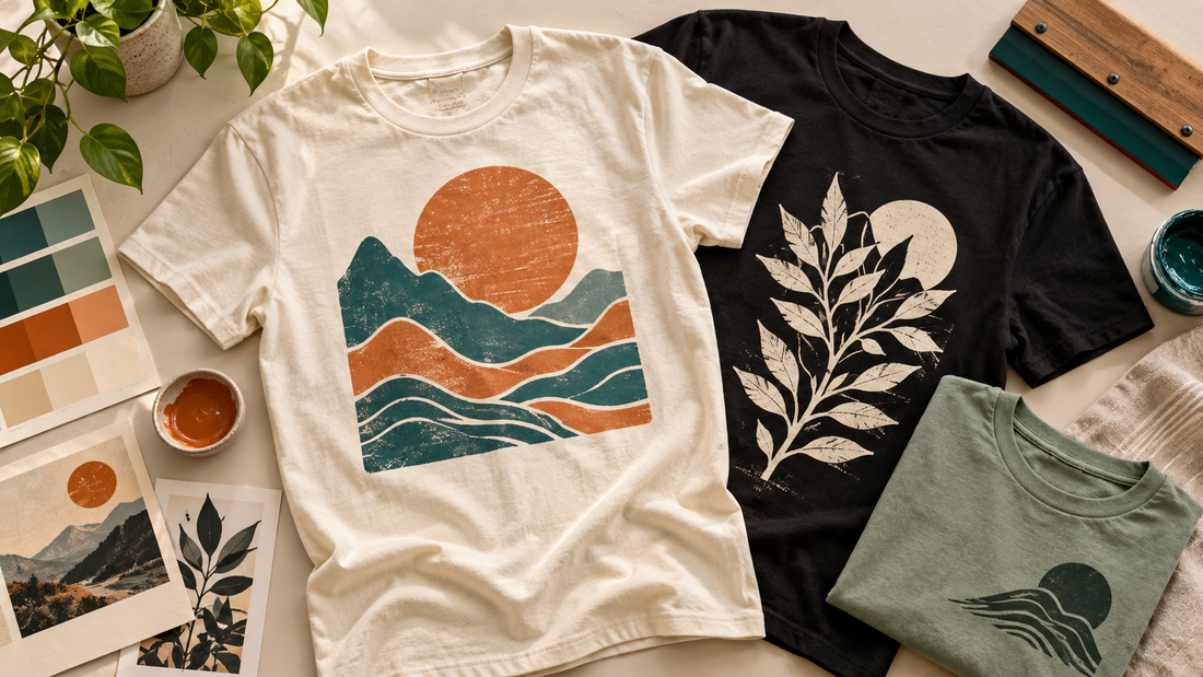 Illustrative flat lay of custom T-shirts and design supplies for planning a group shirt order.