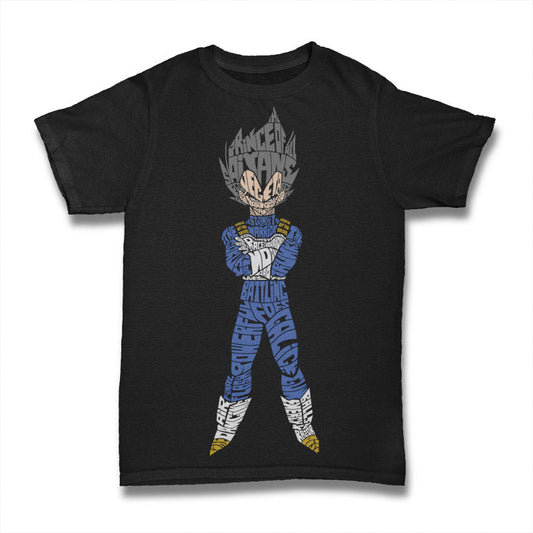 Black T-shirt with a blue and white character graphic formed from lettering, from Radiary’s Calligram selection.