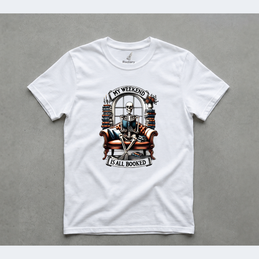 White book-themed graphic T-shirt from Radiary’s Book Lover collection, shown flat on a gray background.