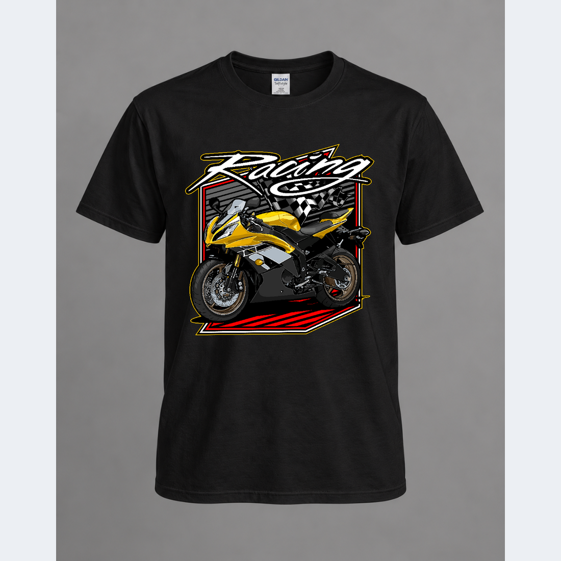 Black biker graphic T-shirt from Radiary displayed flat on a gray background.