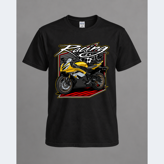 Black biker graphic T-shirt from Radiary displayed flat on a gray background.