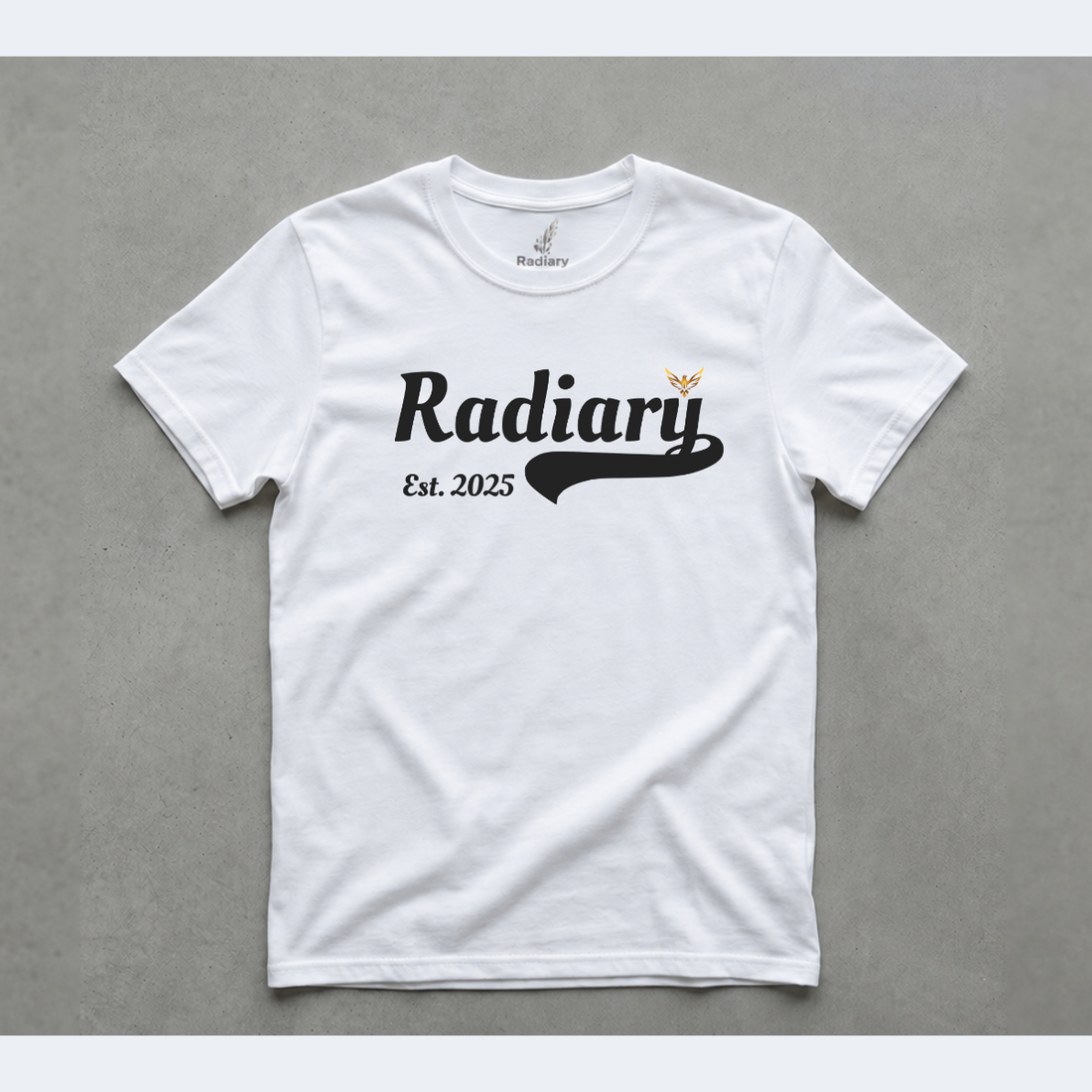 White T-shirt with black Radiary lettering and a gold crown on a gray background.