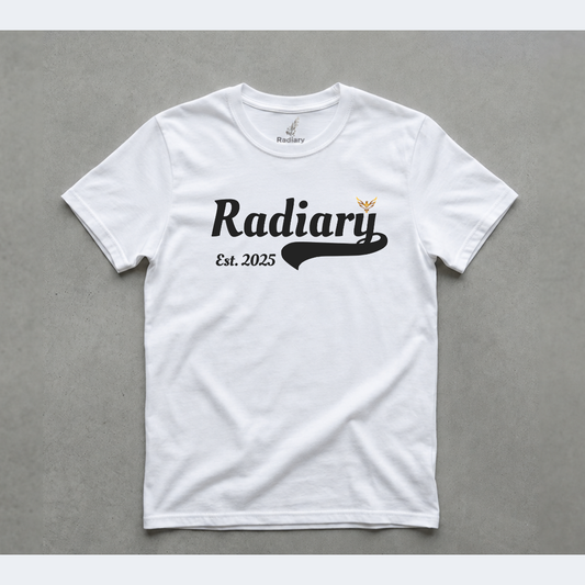White T-shirt with black Radiary lettering and a gold crown on a gray background.