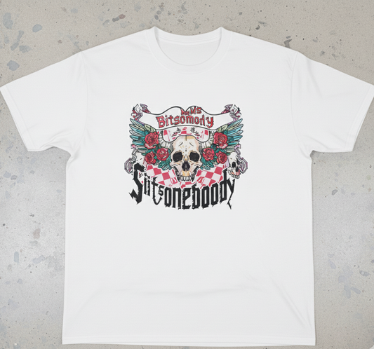 White T-shirt with a skull and pink floral graphic from Radiary’s Skull and Roses selection.