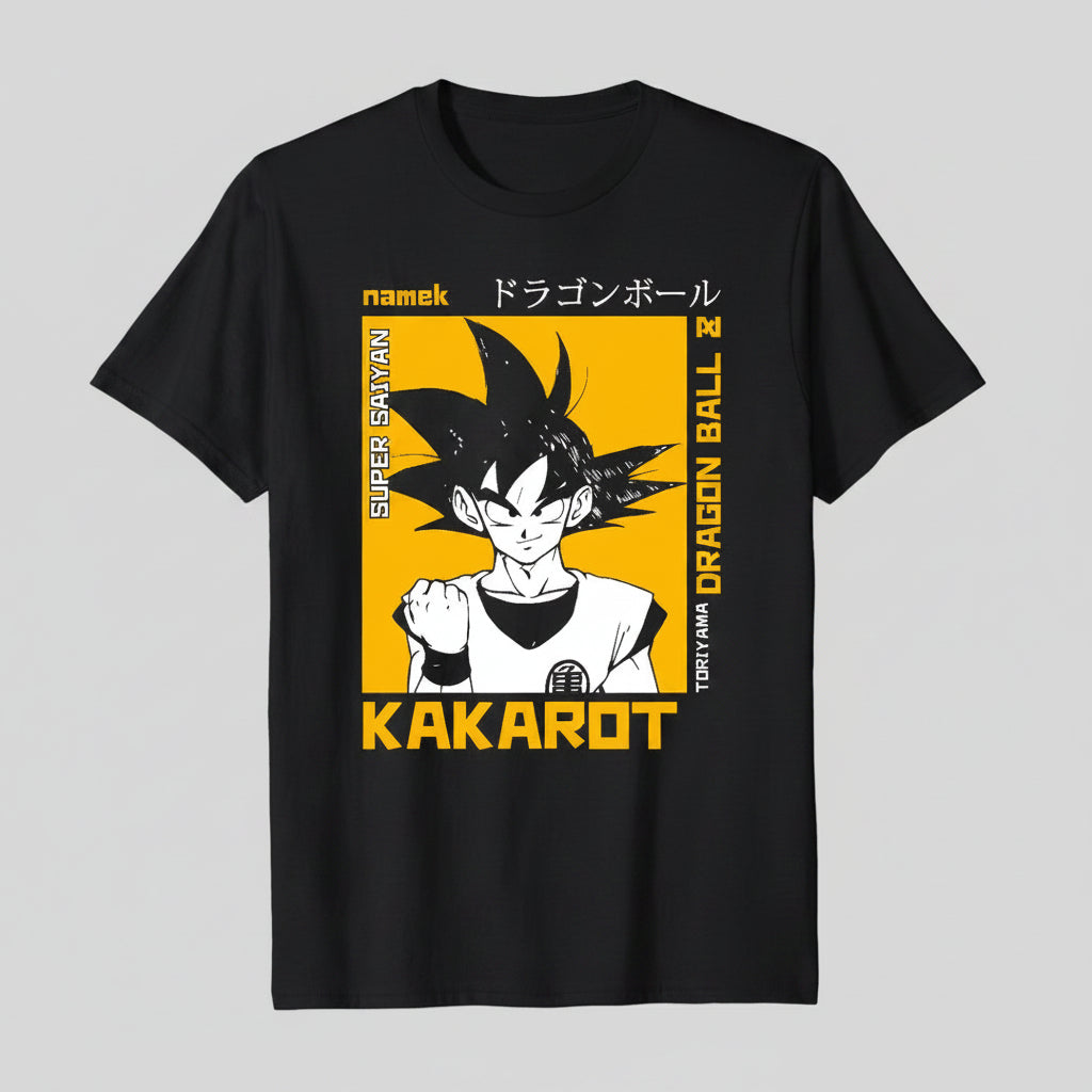 Black t-shirt with Dragon Ball Z character design on a textured gray background