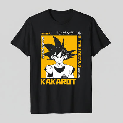 Black t-shirt with Dragon Ball Z character design on a textured gray background