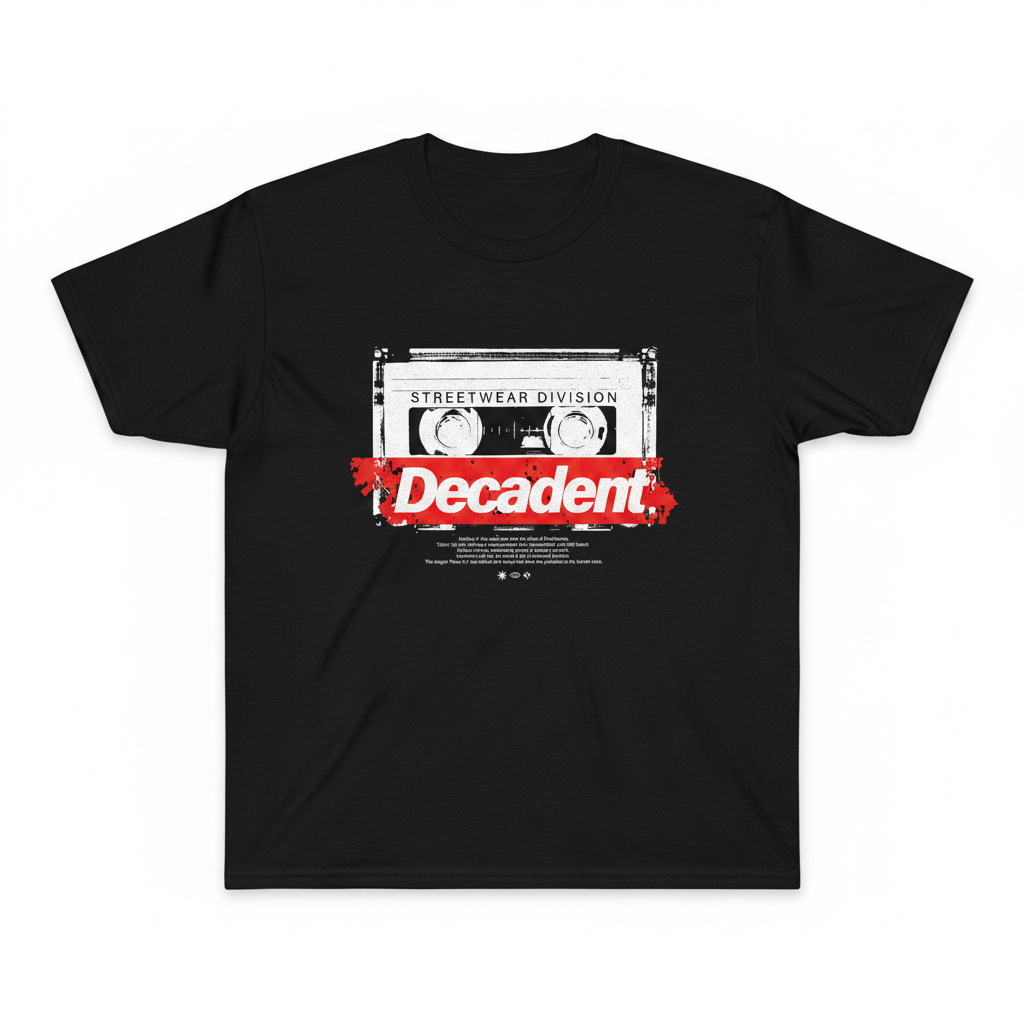 Cassette tape design with 'Streetwear Division Decadent' text on a white background