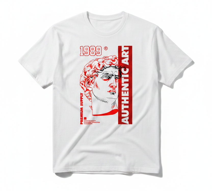 Red and white graphic with '1989' and 'Authentic Art' text on a white background