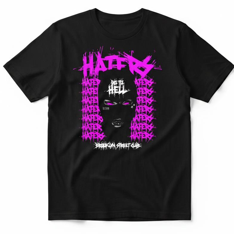 Black mask with white text on a pink 'HATE' background