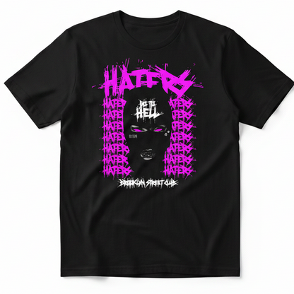 Black mask with white text on a pink 'HATE' background