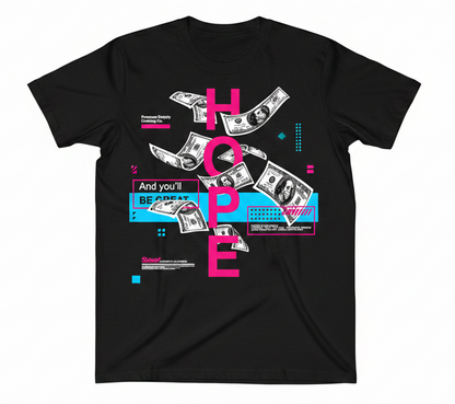Design with dollar bills and text on a white background