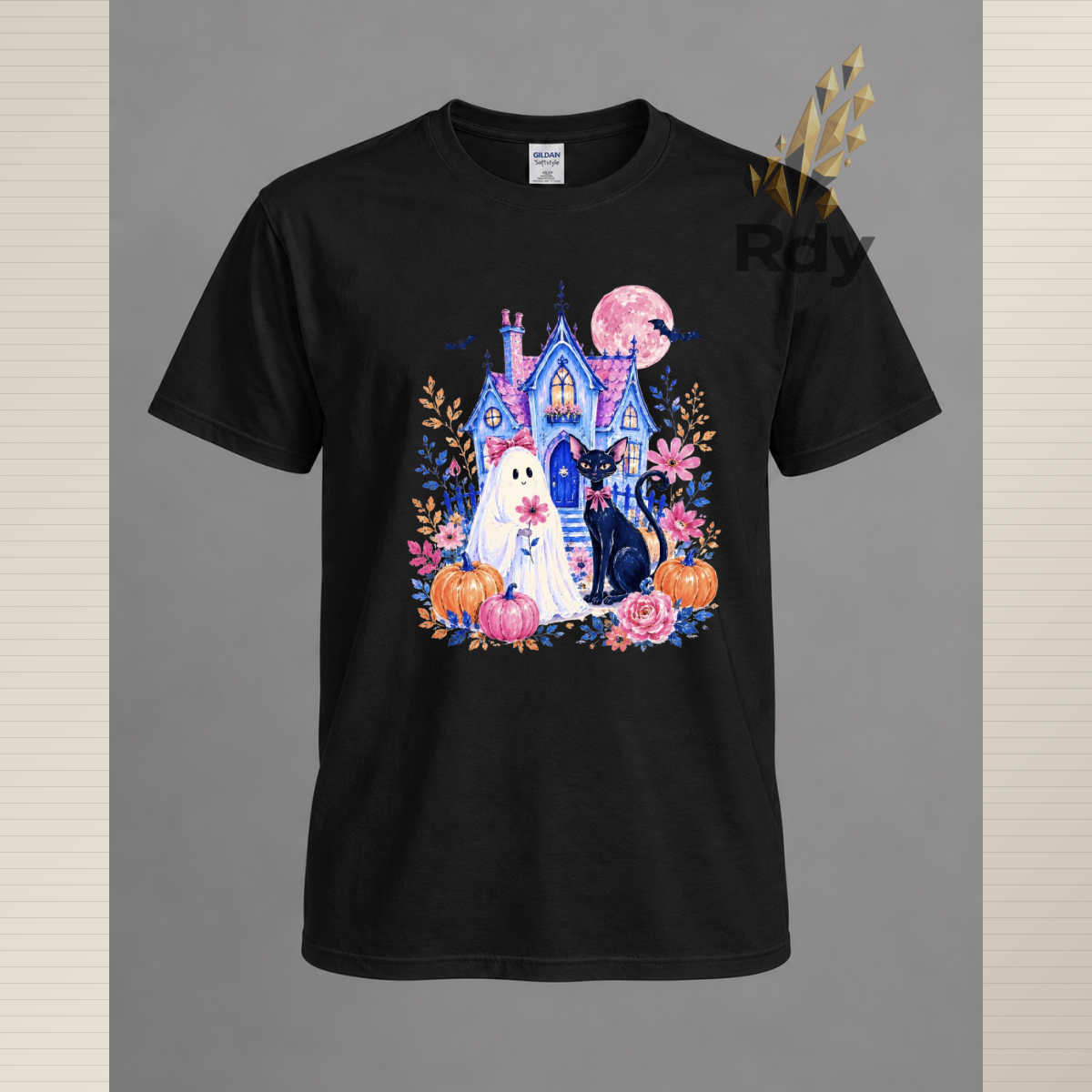 Whimsical Halloween Ghost T-Shirt – Haunted House, Black Cat & Pumpkin Designs