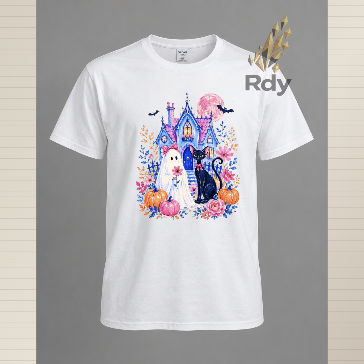 Whimsical Halloween Ghost T-Shirt – Haunted House, Black Cat & Pumpkin Designs