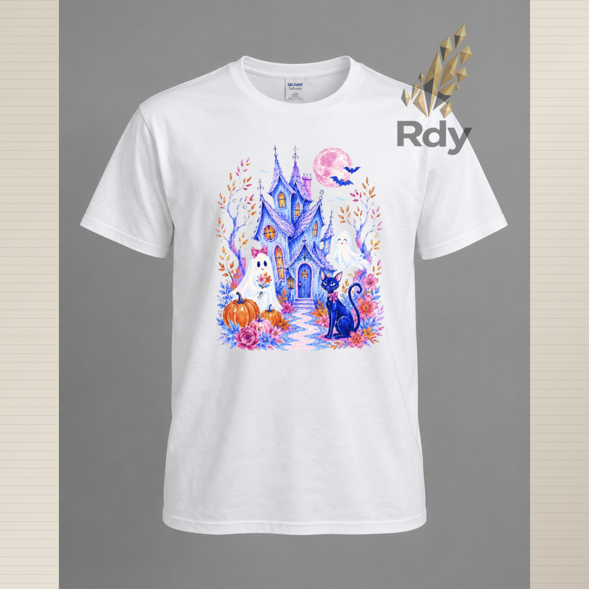 Whimsical Halloween Ghost T-Shirt – Haunted House, Black Cat & Pumpkin Designs