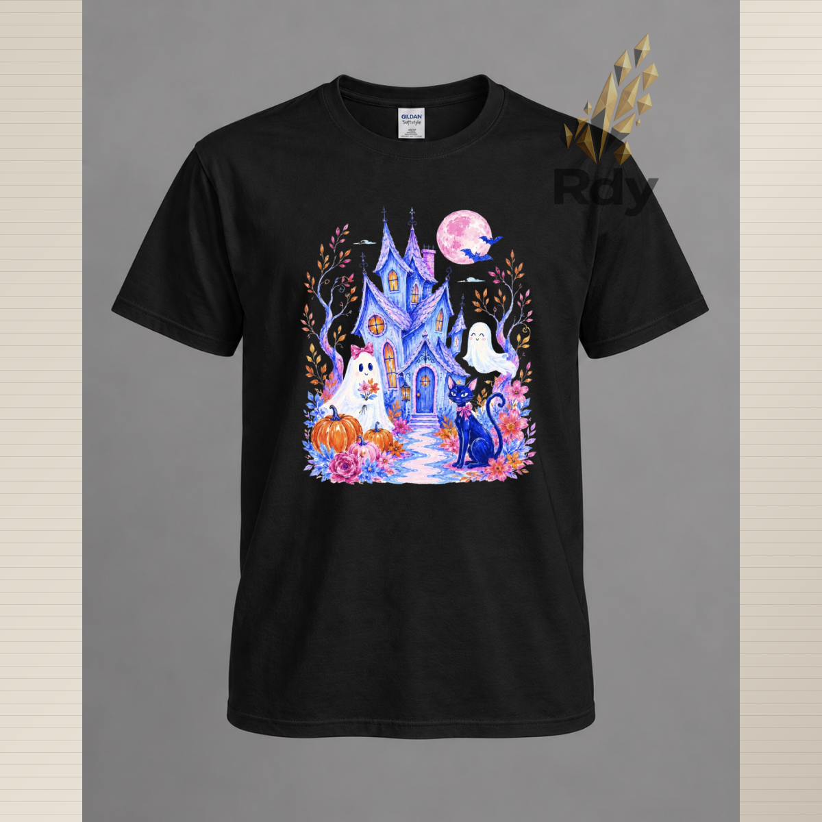Whimsical Halloween Ghost T-Shirt – Haunted House, Black Cat & Pumpkin Designs