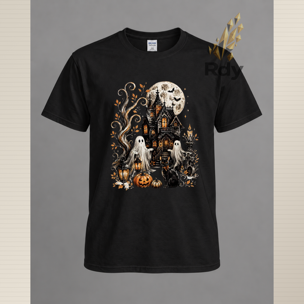 Whimsical Halloween Ghost T-Shirt – Haunted House, Black Cat & Pumpkin Designs