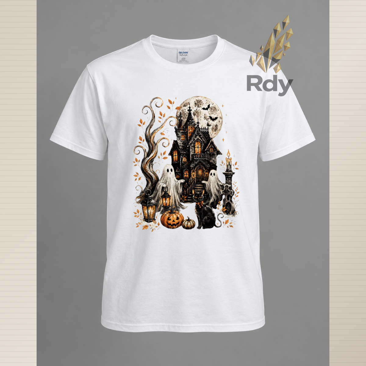 Whimsical Halloween Ghost T-Shirt – Haunted House, Black Cat & Pumpkin Designs