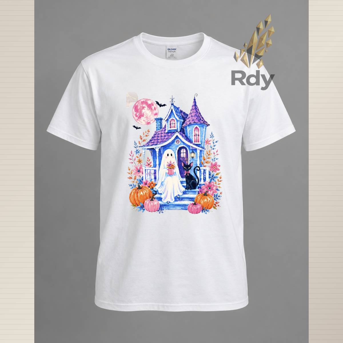 Whimsical Halloween Ghost T-Shirt – Haunted House, Black Cat & Pumpkin Designs