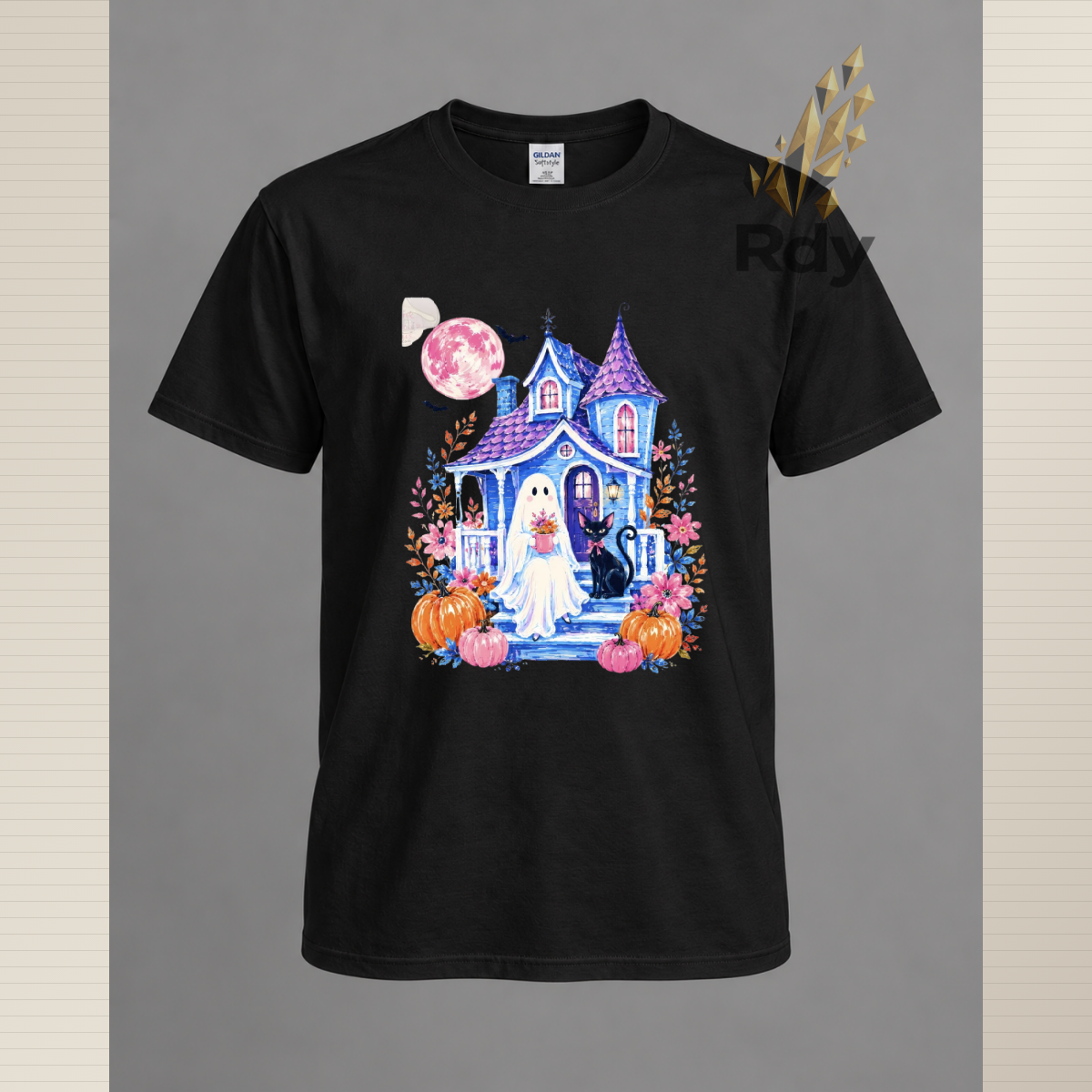 Whimsical Halloween Ghost T-Shirt – Haunted House, Black Cat & Pumpkin Designs