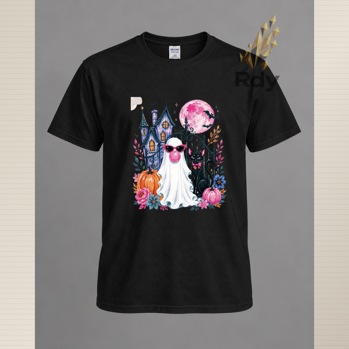 Whimsical Halloween Ghost T-Shirt – Haunted House, Black Cat & Pumpkin Designs