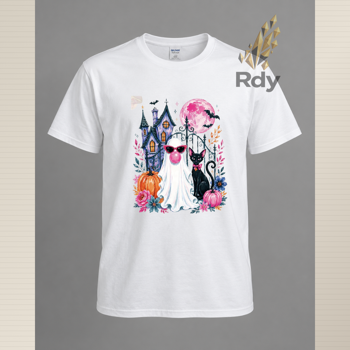 Whimsical Halloween Ghost T-Shirt – Haunted House, Black Cat & Pumpkin Designs