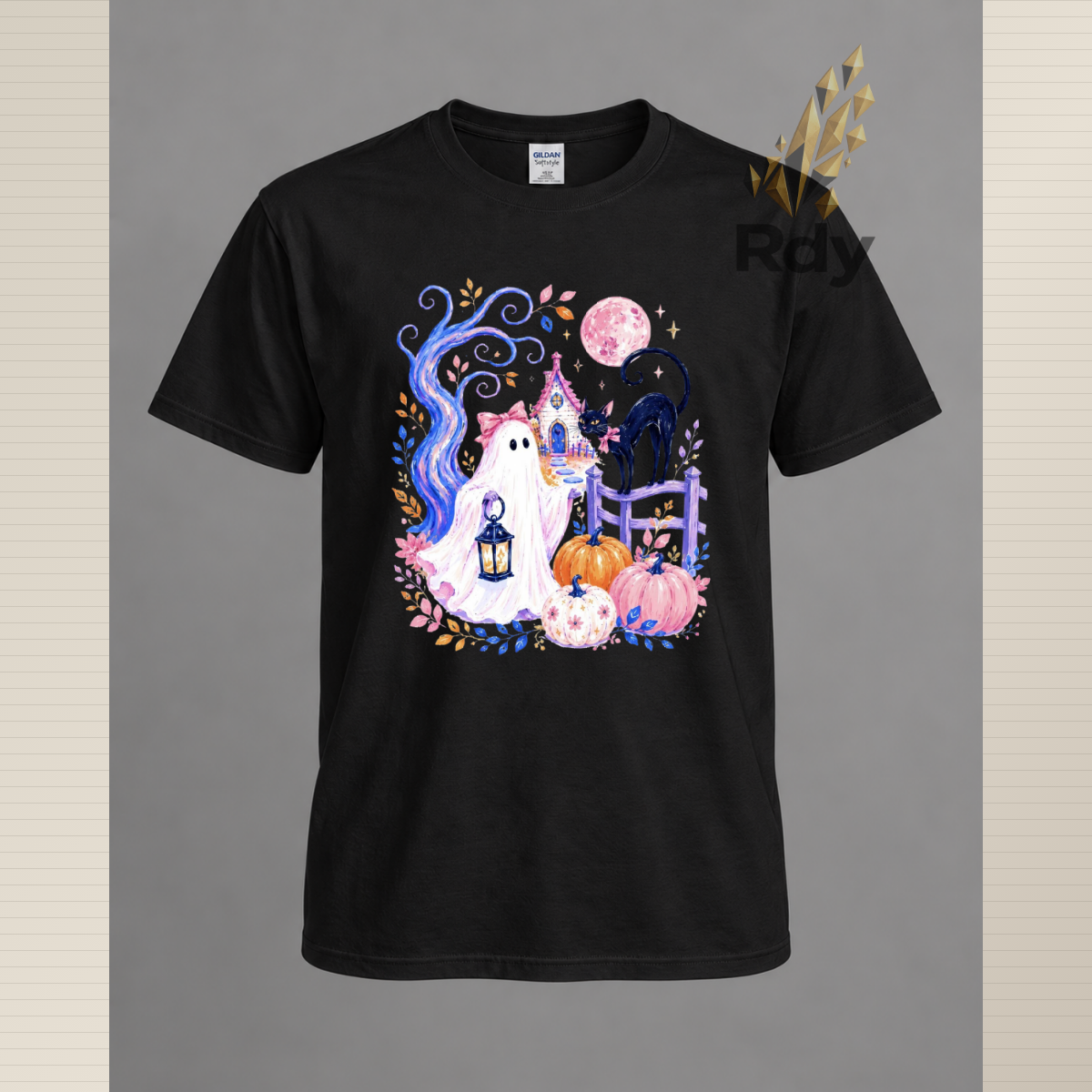 Whimsical Halloween Ghost T-Shirt – Haunted House, Black Cat & Pumpkin Designs