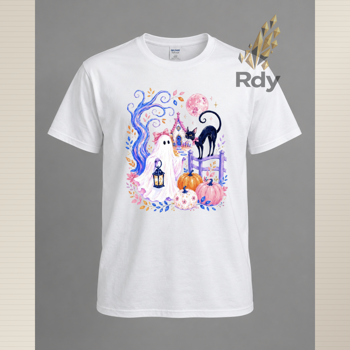Whimsical Halloween Ghost T-Shirt – Haunted House, Black Cat & Pumpkin Designs
