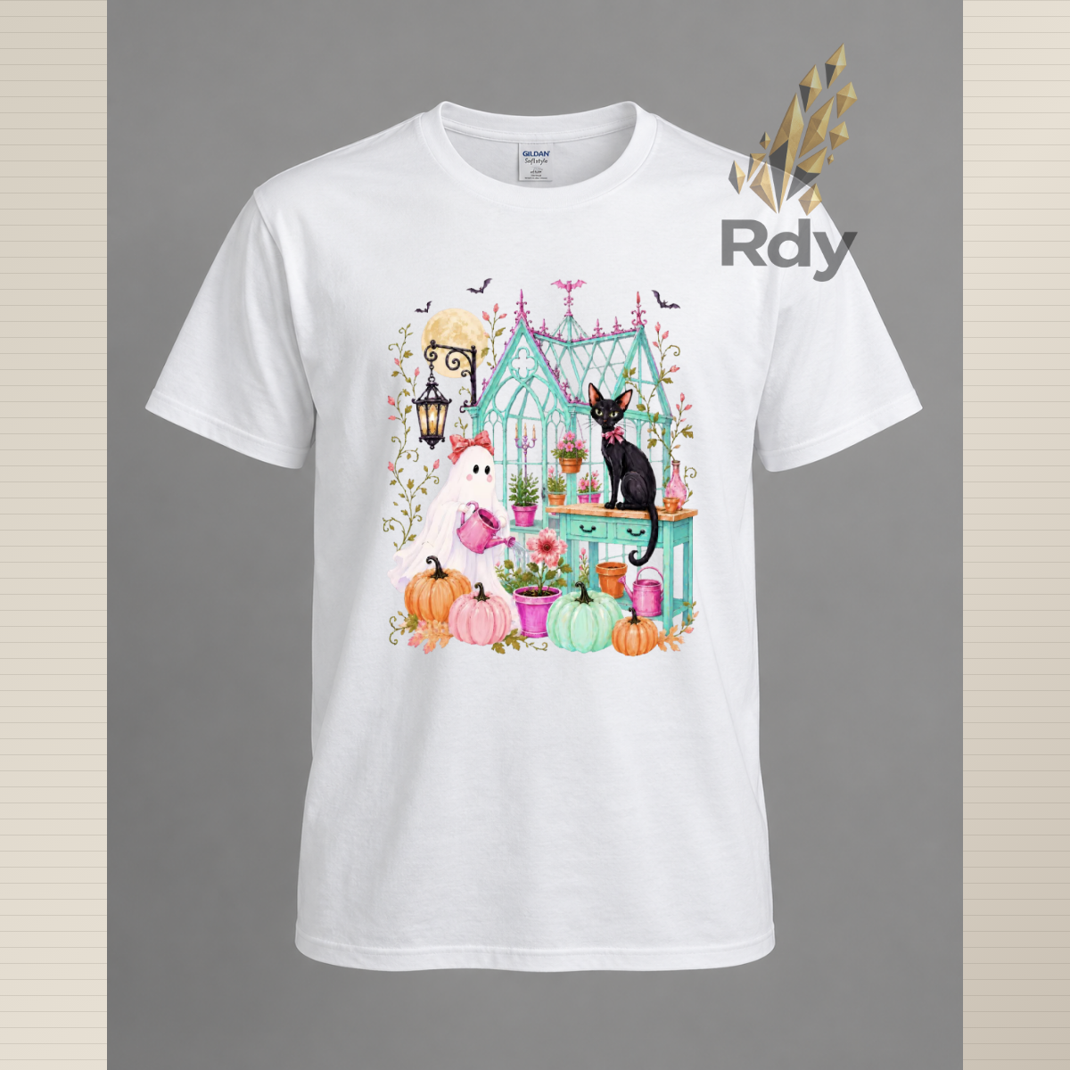 Whimsical Halloween Ghost T-Shirt – Haunted House, Black Cat & Pumpkin Designs