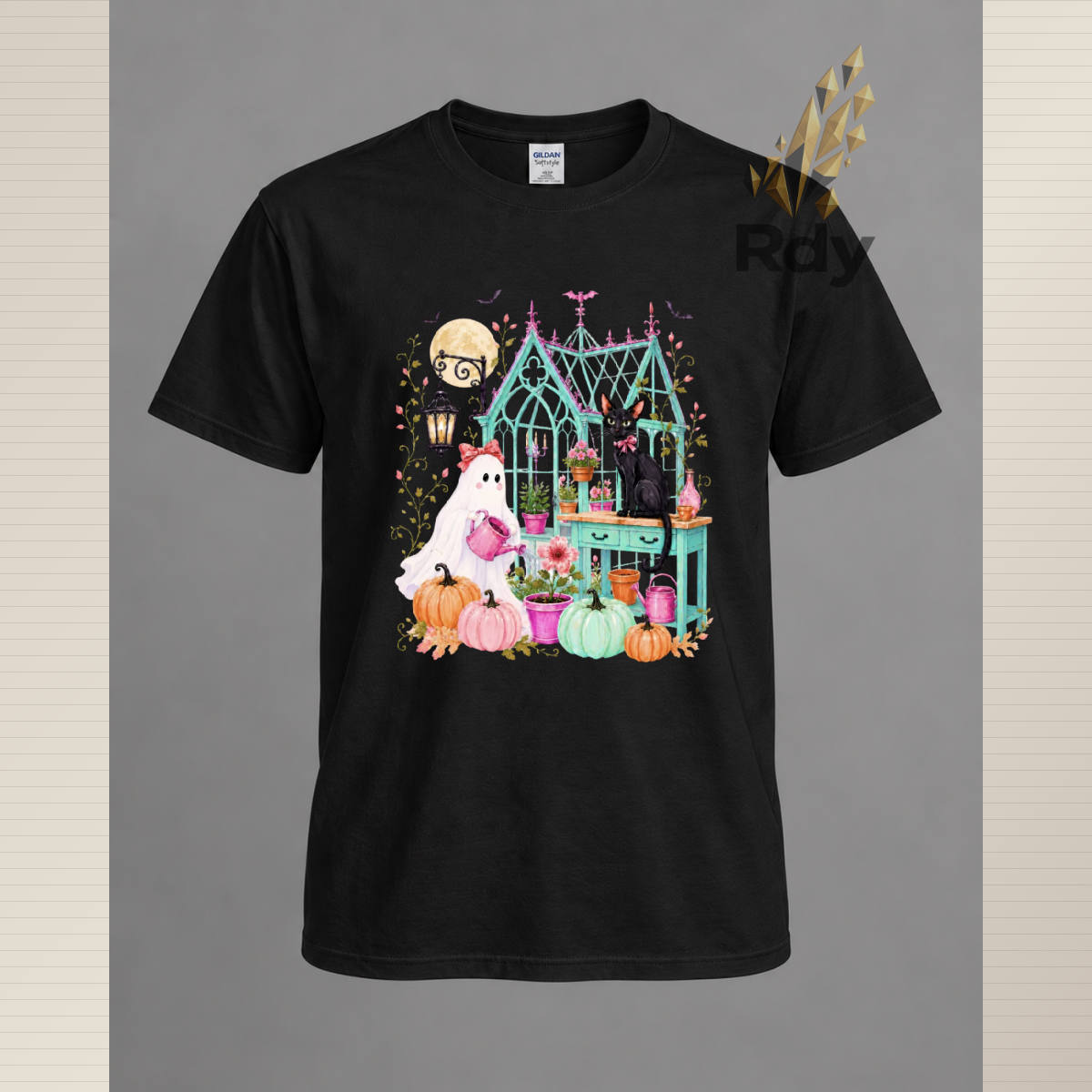 Whimsical Halloween Ghost T-Shirt – Haunted House, Black Cat & Pumpkin Designs