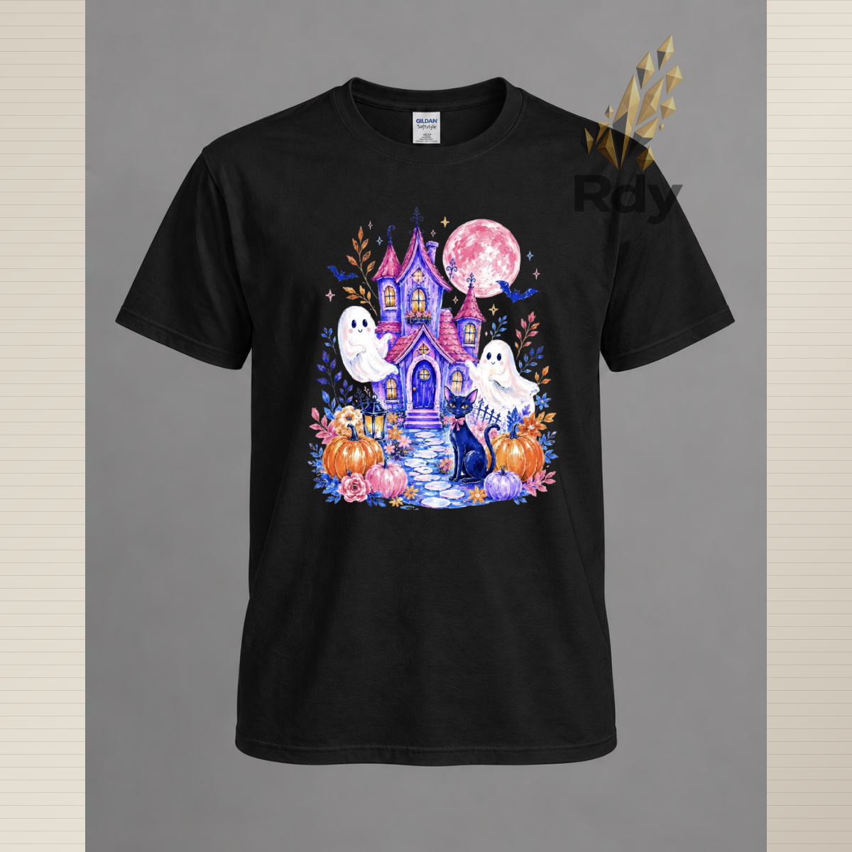 Whimsical Halloween Ghost T-Shirt – Haunted House, Black Cat & Pumpkin Designs