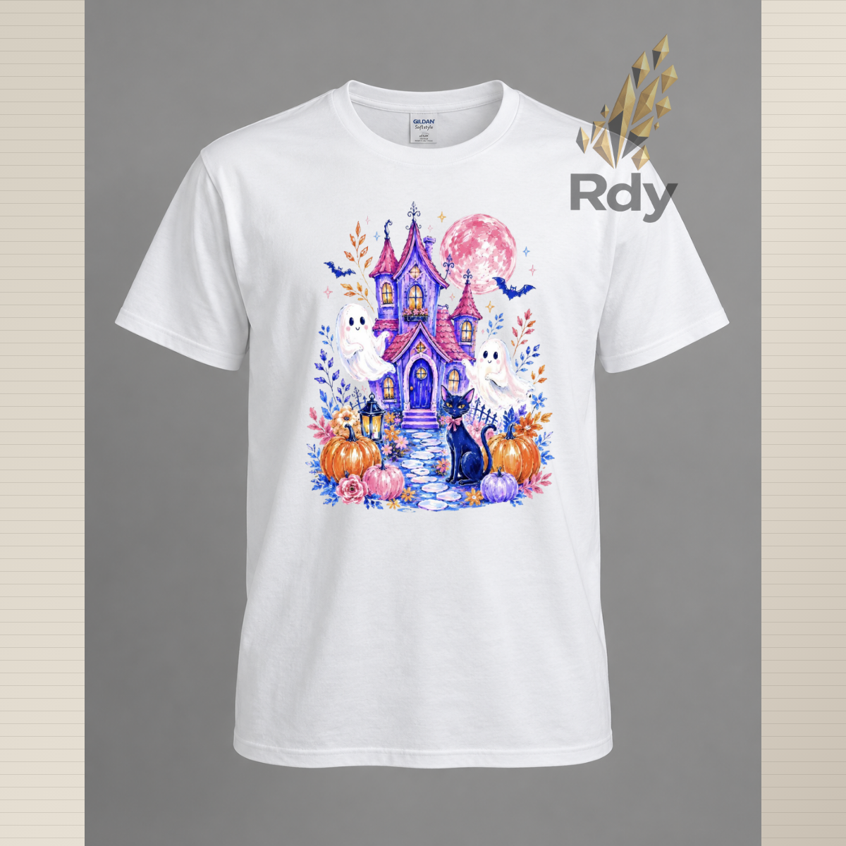 Whimsical Halloween Ghost T-Shirt – Haunted House, Black Cat & Pumpkin Designs