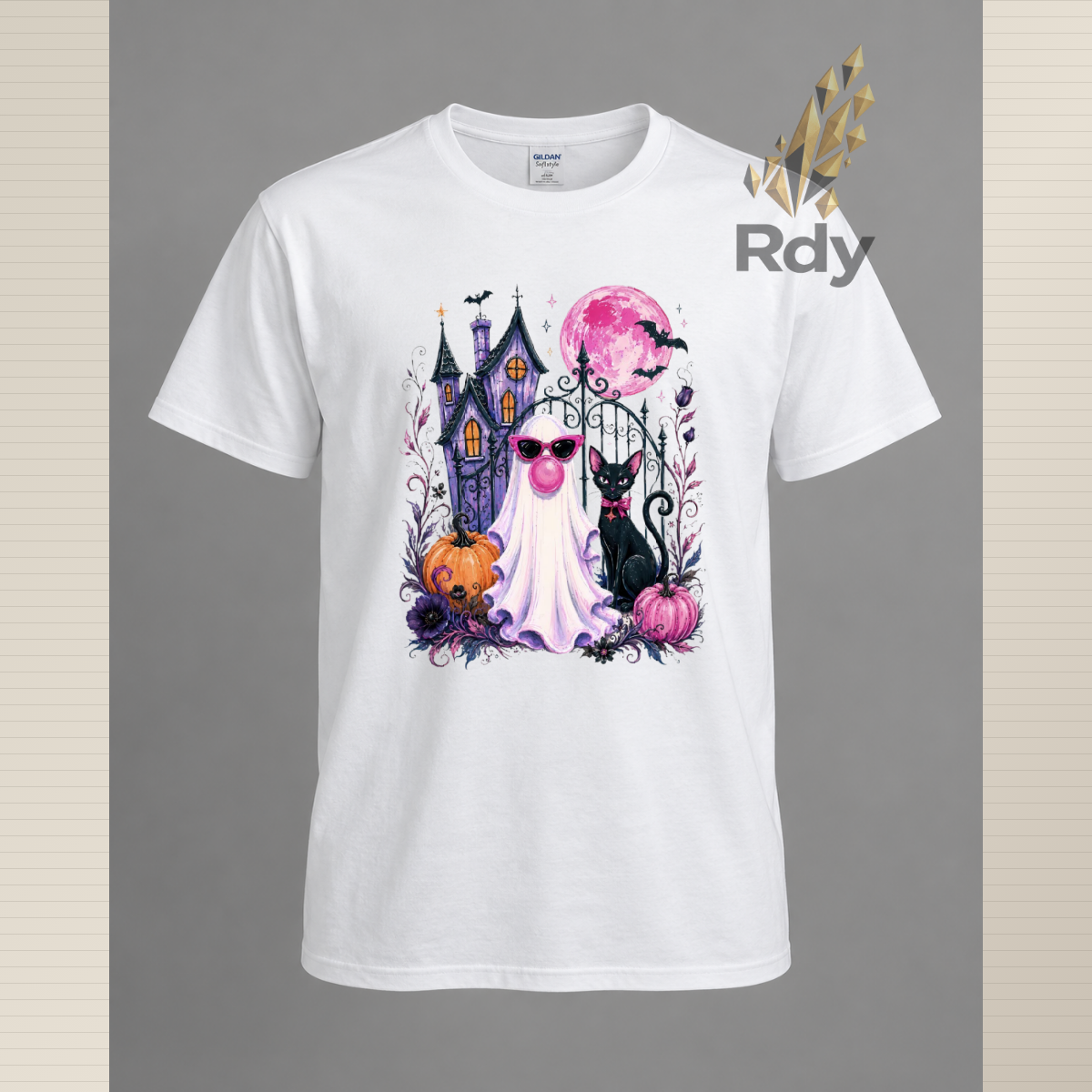 Whimsical Halloween Ghost T-Shirt – Haunted House, Black Cat & Pumpkin Designs