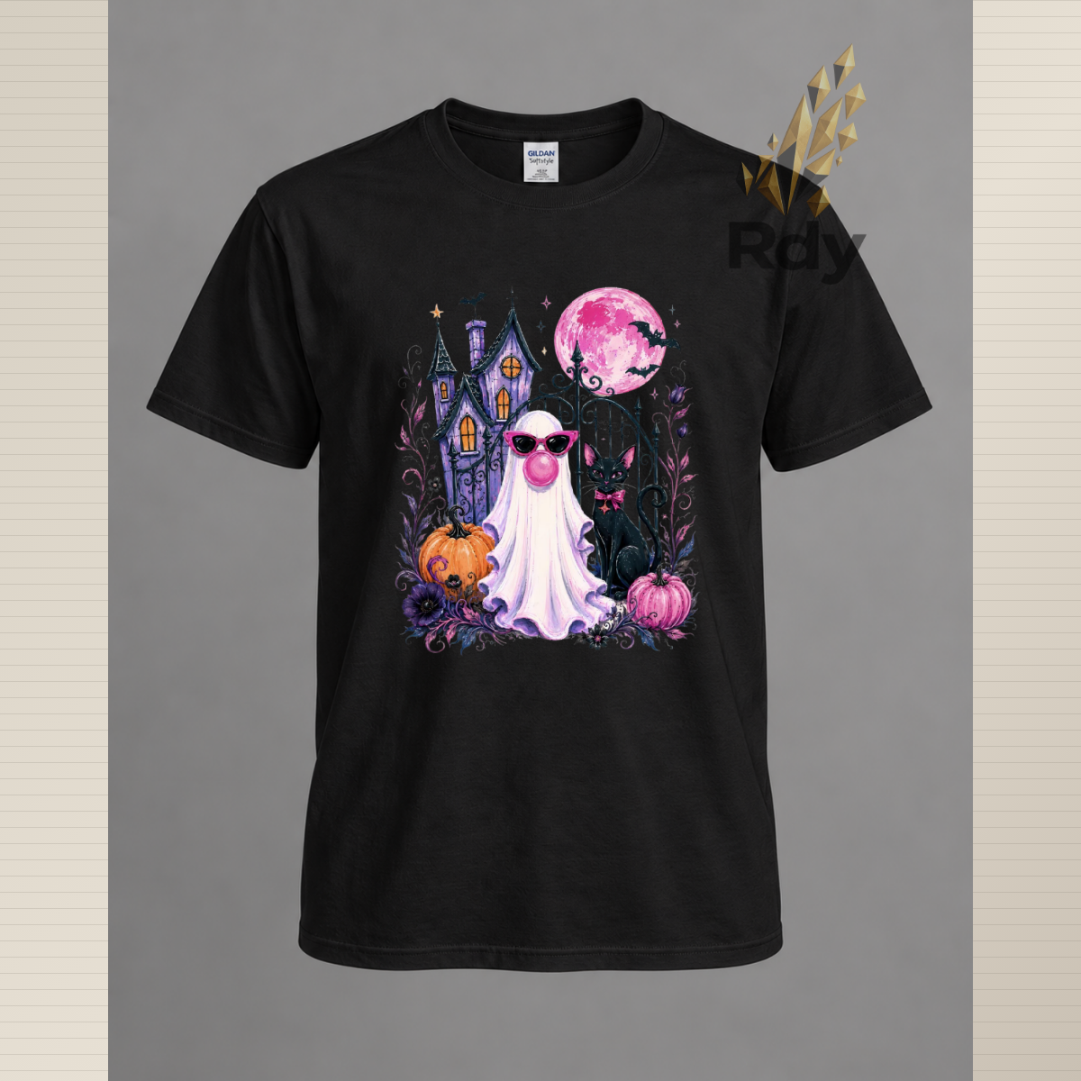 Whimsical Halloween Ghost T-Shirt – Haunted House, Black Cat & Pumpkin Designs